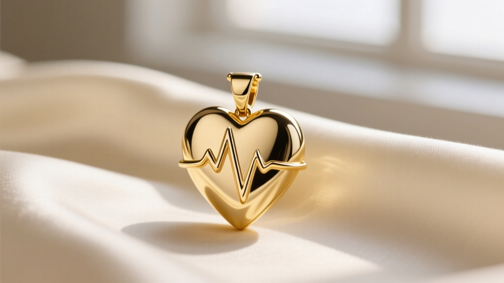 Macro shot of a 14k yellow gold heartbeat pendant on cream silk, soft light highlighting sharp EKG spikes and a polished finish.
