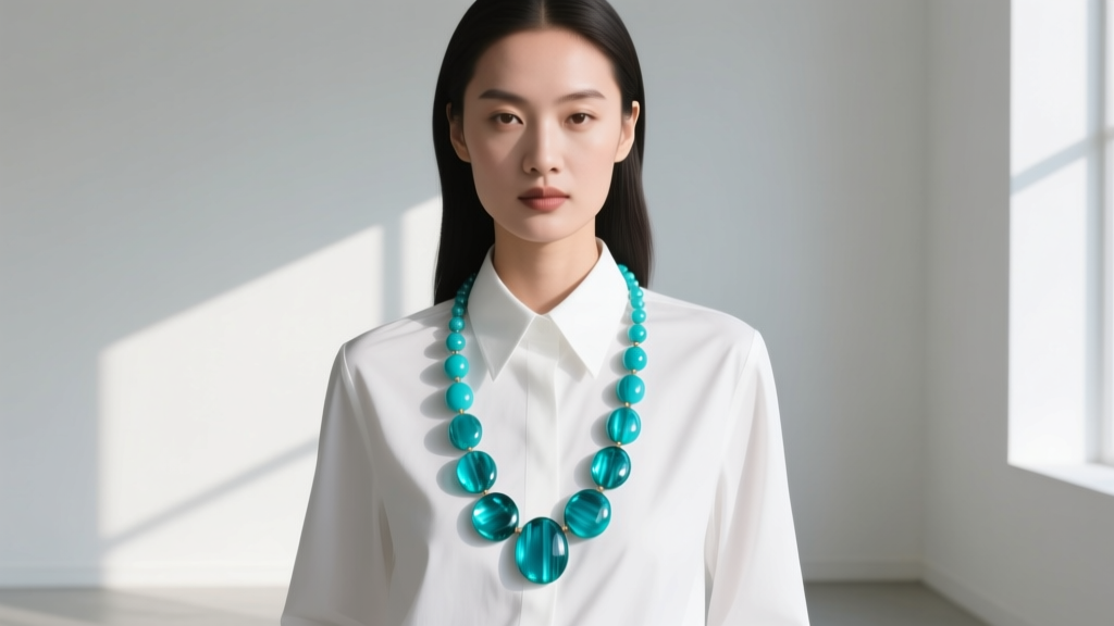 Woman wearing a crisp white collared shirt paired with a bold 20-inch matinee necklace featuring large turquoise resin beads.
