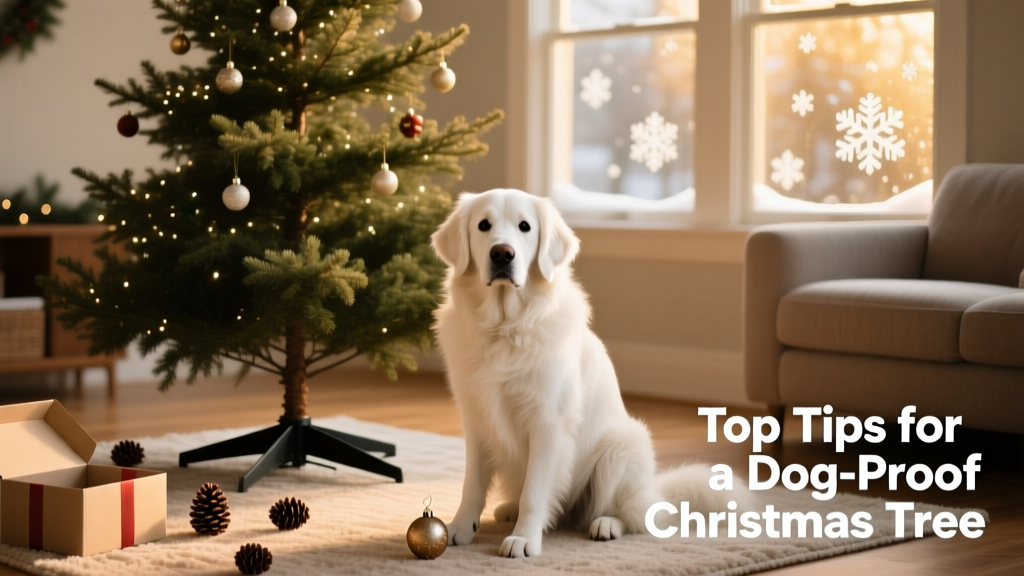 A white dog sitting calmly in front of a well-anchored, undecorated Christmas tree