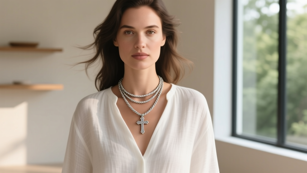 Woman wearing a James Avery cross pendant on a 20-inch rope chain layered with an 18-inch silver lariat over a white linen blouse.