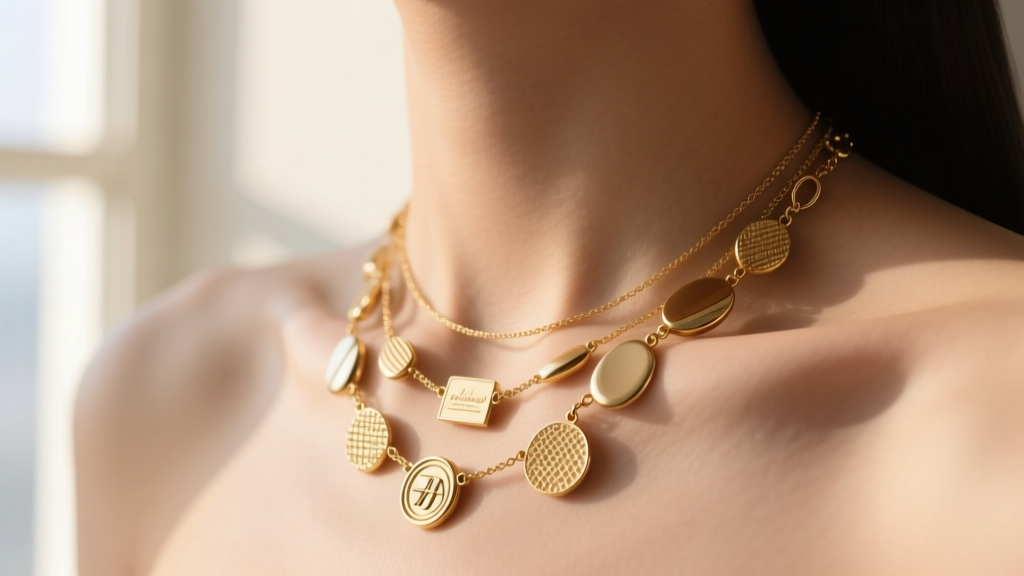Close-up of a layered charm necklace with gold pendants on a collarbone, soft lighting highlighting metal textures.