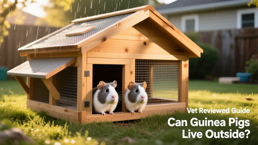 A well-ventilated, predator-proof outdoor hutch with shaded and sheltered areas for guinea pigs