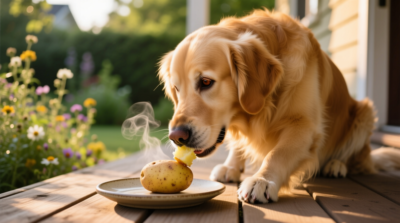Golden retriever carefully eating small piece of plain baked potato