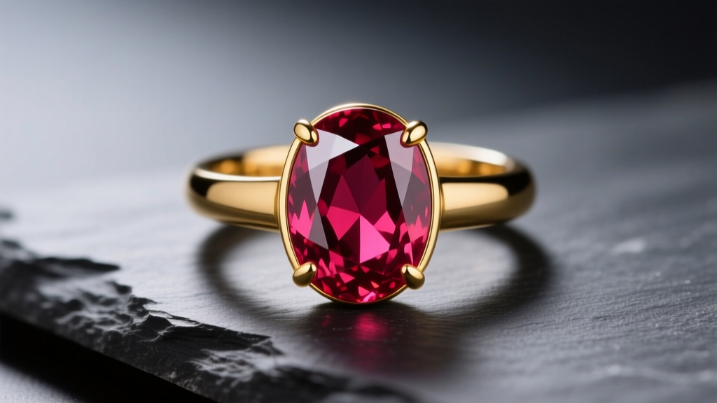Oval-cut natural ruby set in a 14k yellow gold bezel ring resting on dark slate, illuminated by soft directional studio lighting.