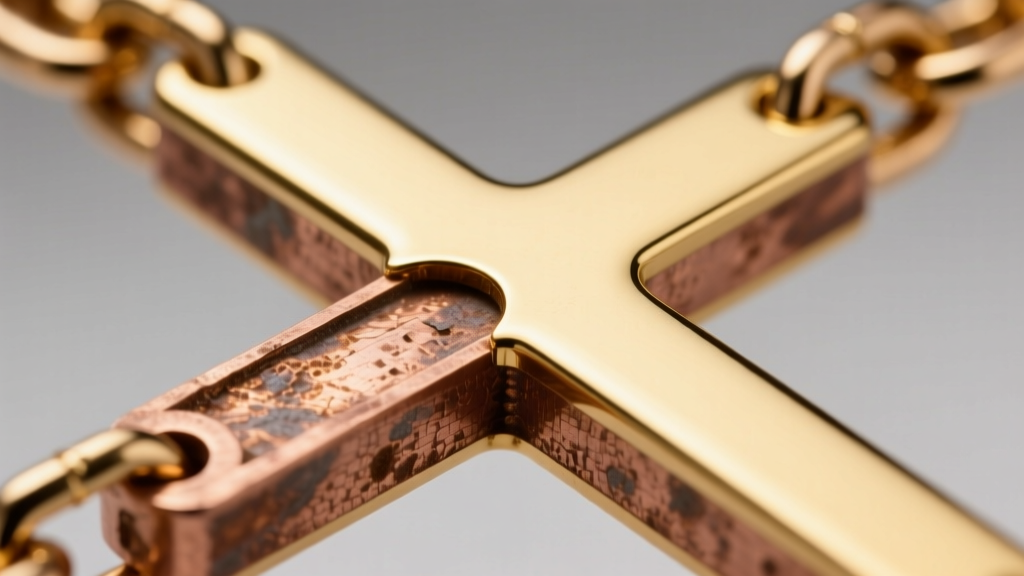 Macro shot of a gold-plated copper chain cross-section, revealing the boundary between the raw base metal and the gold layer.