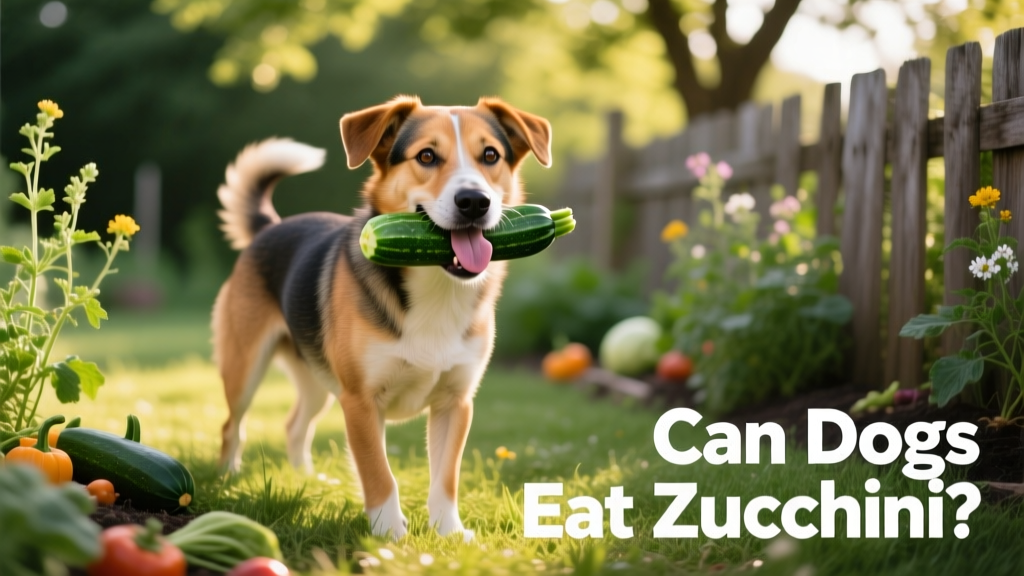 A happy dog gently holding a small piece of zucchini in its mouth