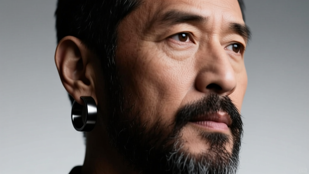 Portrait of a bearded man wearing a sleek matte black anodized titanium hoop earring in his left ear lobe under studio lighting.