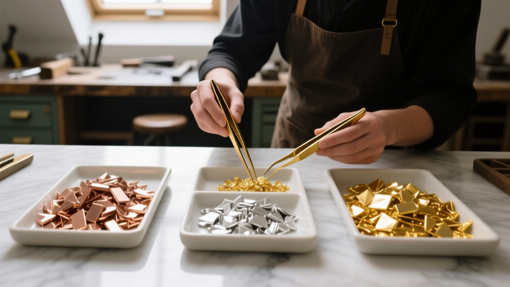 Overhead view of a jeweler using brass tweezers to separate rose, white, and yellow gold scrap into distinct ceramic sorting trays.