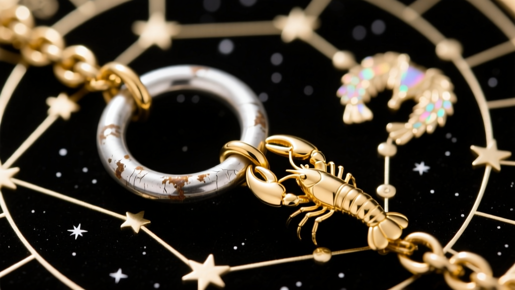 Extreme close-up of a tarnished silver jump ring beside a pristine 14k gold lobster clasp on a delicate celestial star map chain