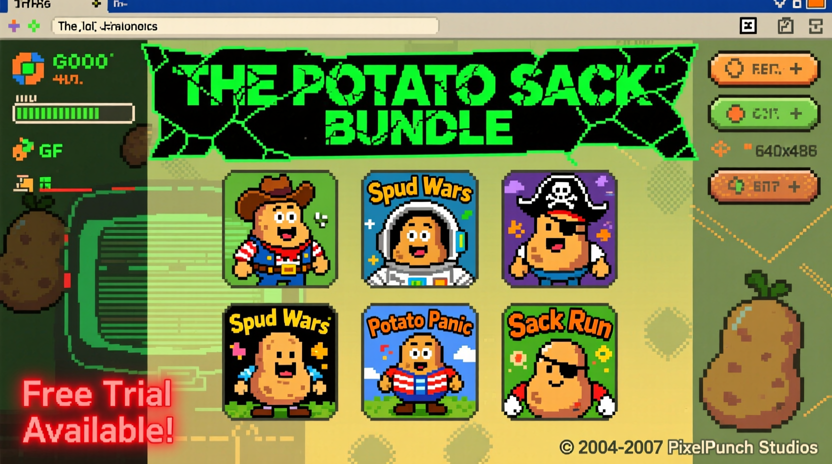 Historical screenshot of The Potato Sack game bundle interface