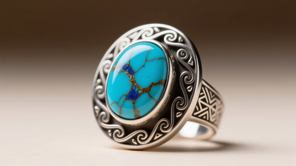 Macro shot of a genuine Kingman turquoise charm in a .925 sterling silver bezel with intricate stamped southwestern scrollwork.