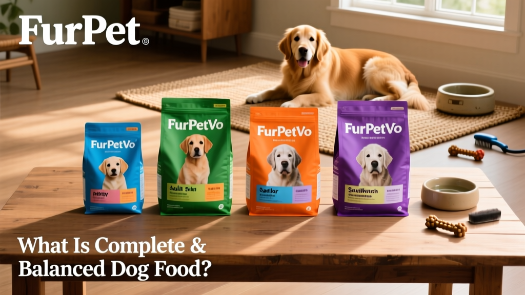 Side-by-side comparison of four FurPetVo dry dog food bags labeled for different life stages and needs