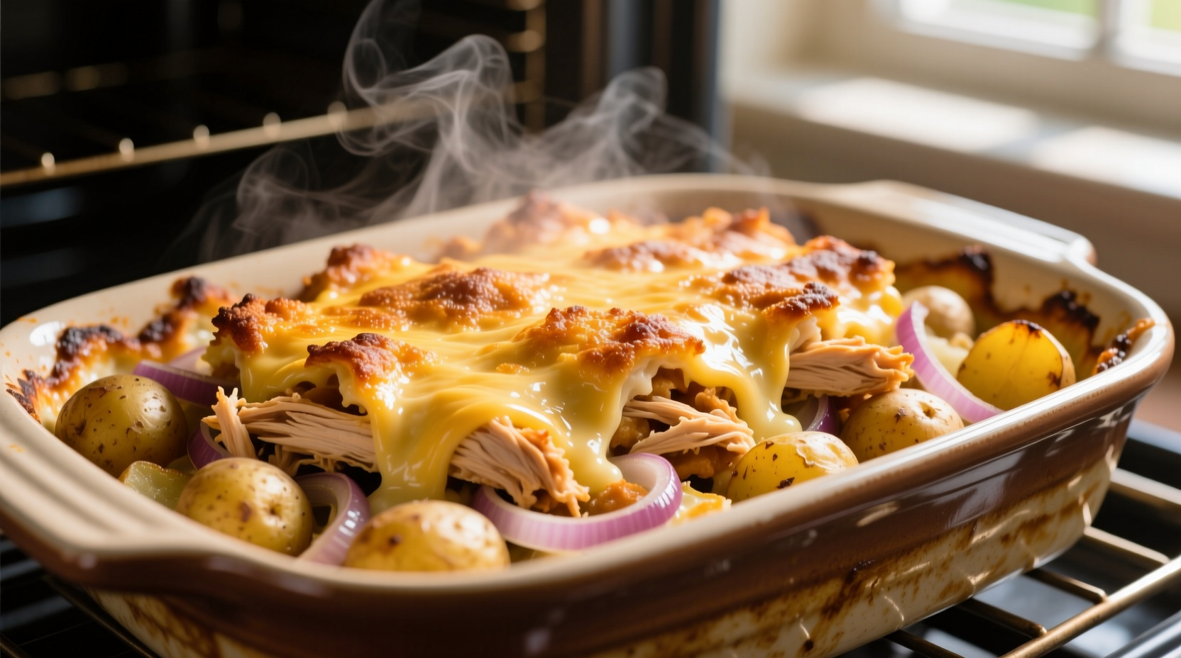 Golden buffalo chicken potato casserole fresh from oven