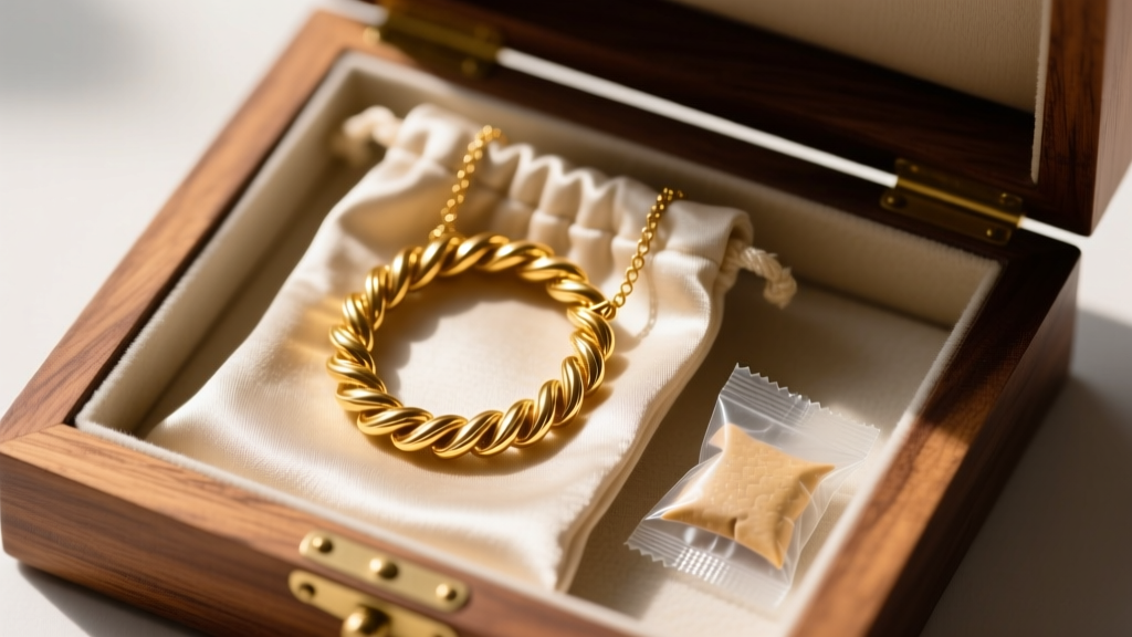 A 14k gold mustard seed necklace coiled in an anti-tarnish cloth pouch beside a silica gel packet inside a cedar wood jewelry box.