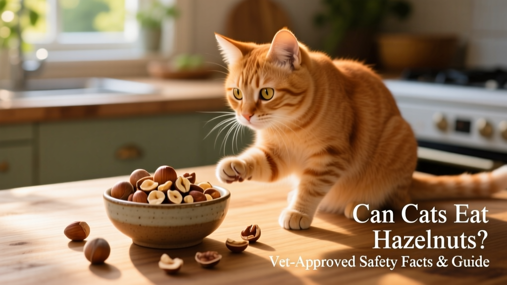 A small bowl of whole and chopped hazelnuts next to a curious cat looking on