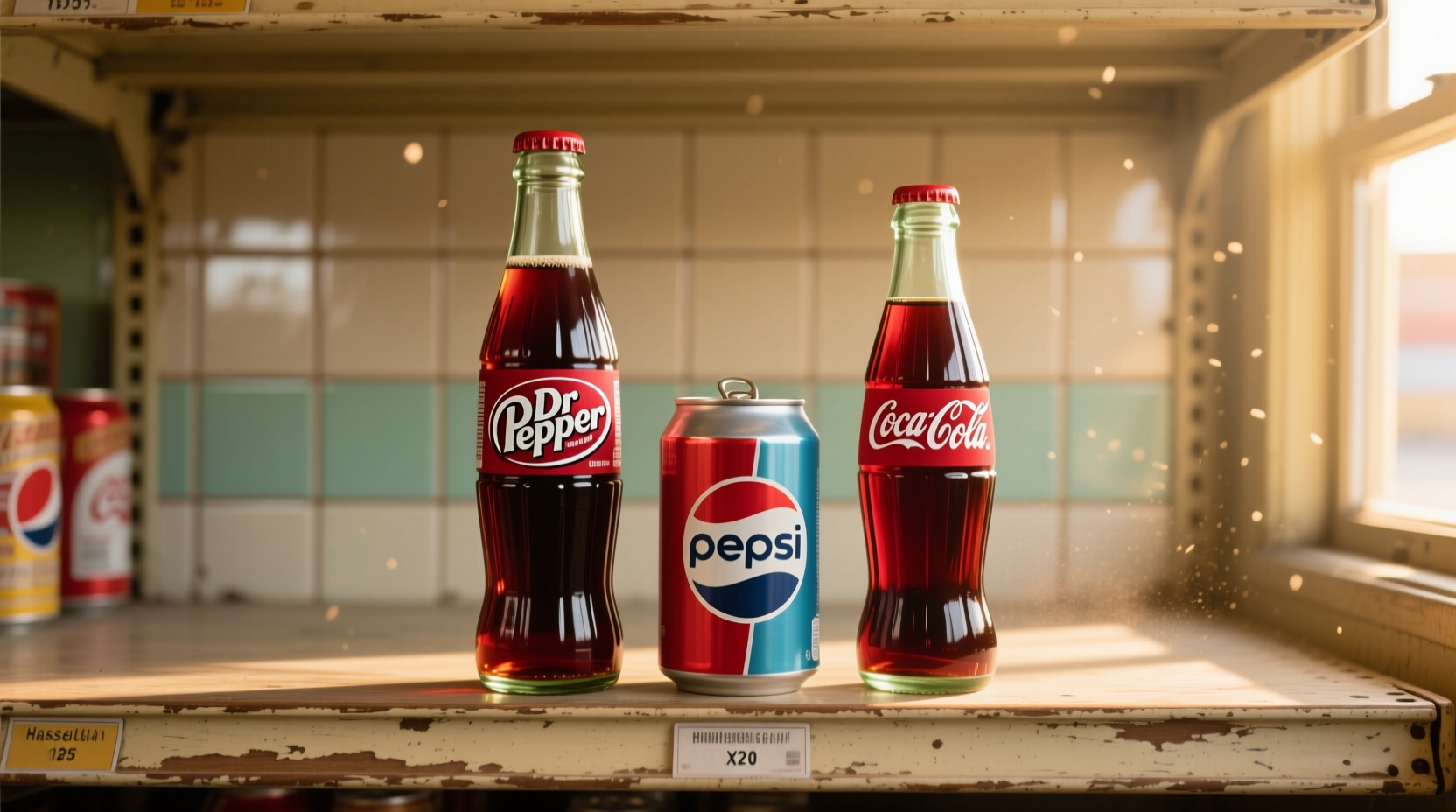 Dr Pepper Flasche neben Pepsi und Coca-Cola Produkten
