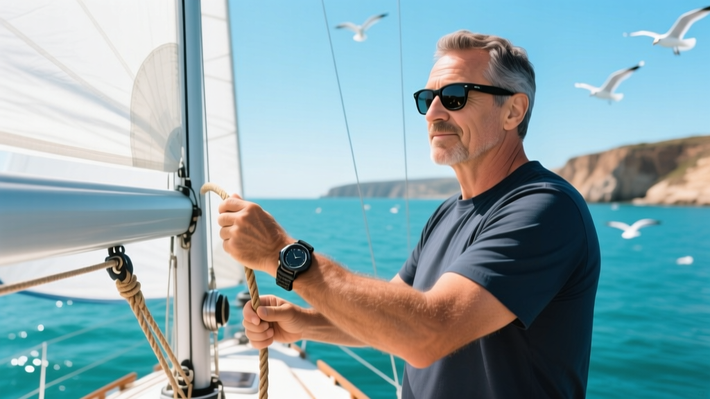 Dad wearing a rugged marine smartwatch and polarized sunglasses while adjusting a halyard on the mast of a fiberglass sailboat