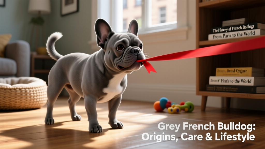 A grey French Bulldog is playing with a red ribbon