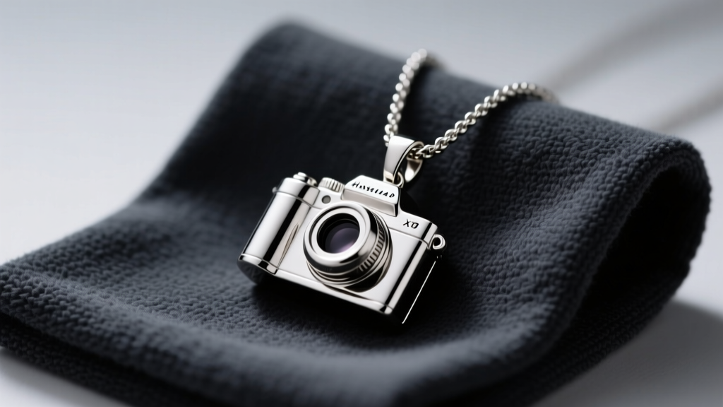 Macro shot of a stainless steel camera pendant necklace on a dark microfiber cloth, illuminated by soft directional studio light.