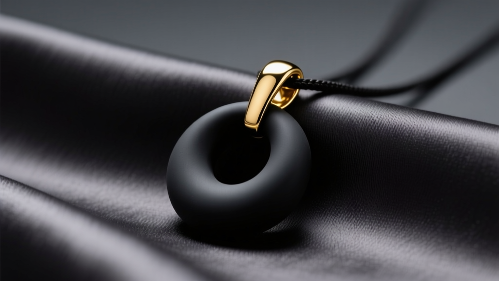 Close-up of a sleek matte black silicone pendant with a 14k gold vermeil cap resting on dark silk under soft studio lighting