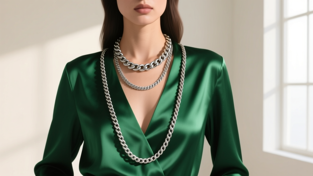 Fashion shot of a model wearing a layered 16-inch cable chain and a 20-inch rope chain over a deep V-neck silk blouse