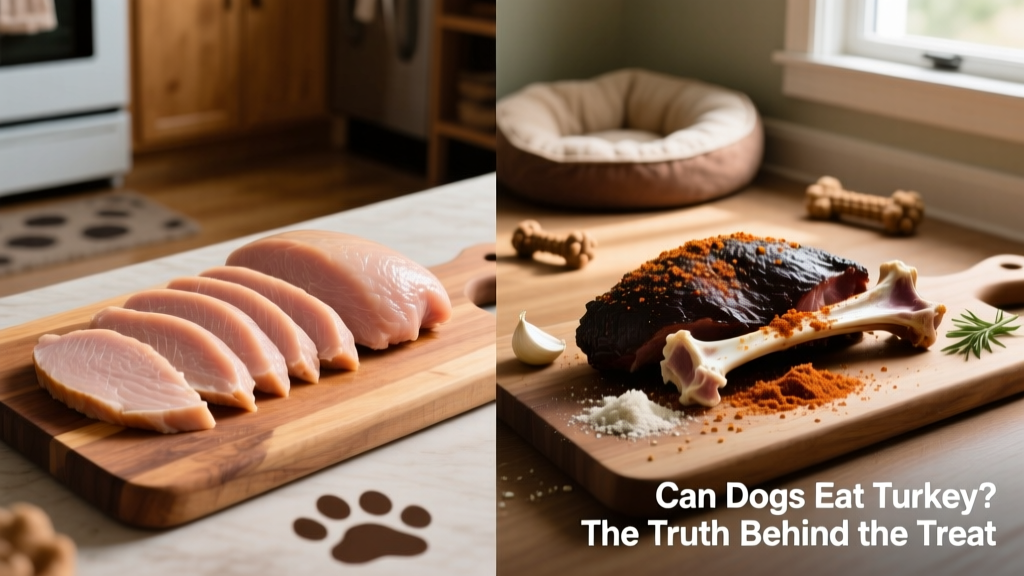 Side-by-side comparison: safe plain turkey breast vs. unsafe seasoned turkey with bones and skin