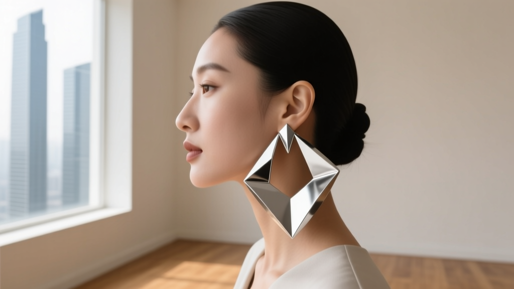 Side profile of a woman wearing large abstract silver-toned sculptural hoop earrings, showcasing a modern architectural aesthetic