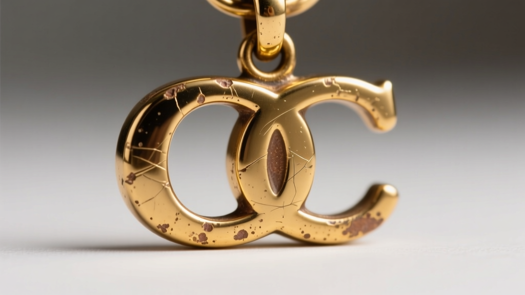 Extreme macro shot of a vintage Coach C-logo pendant showing slight gold plating wear revealing the brass base metal underneath