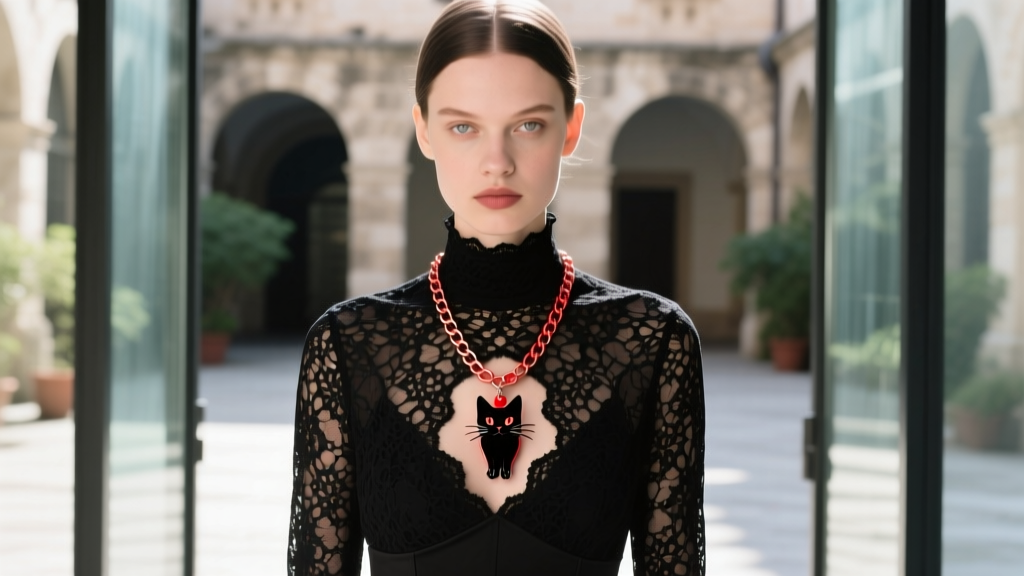 Model wearing whimsigoth outfit featuring layered 1.2mm rolo chain coraline black cat necklace over dark lace turtleneck collar