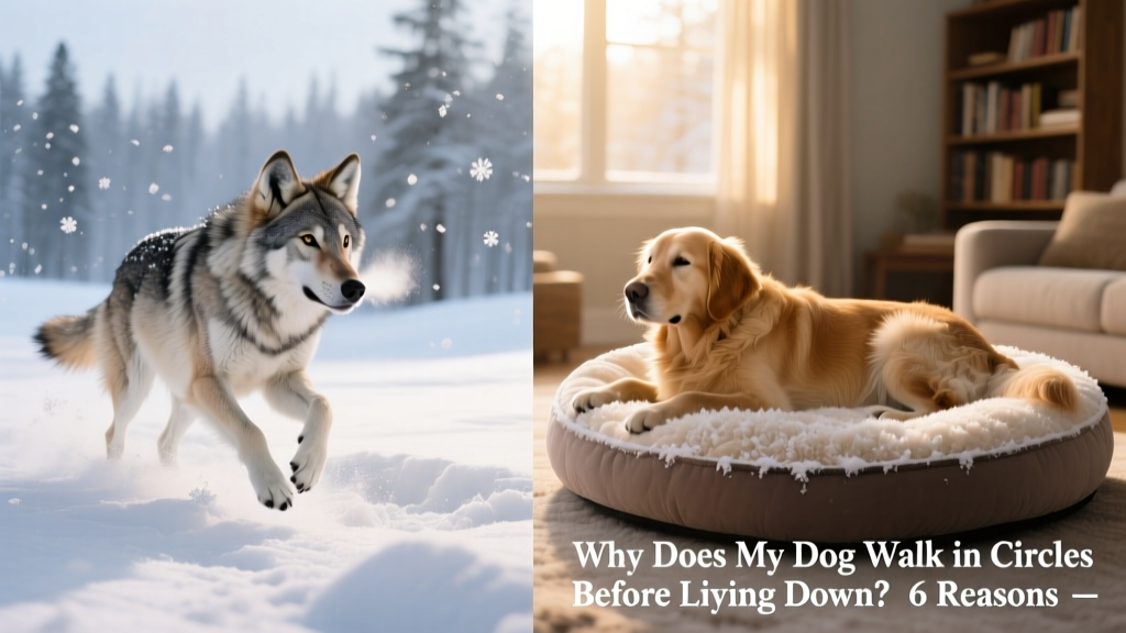 Side-by-side comparison: a wolf circling in snow versus a domestic dog circling on a FurPetVo memory foam dog bed
