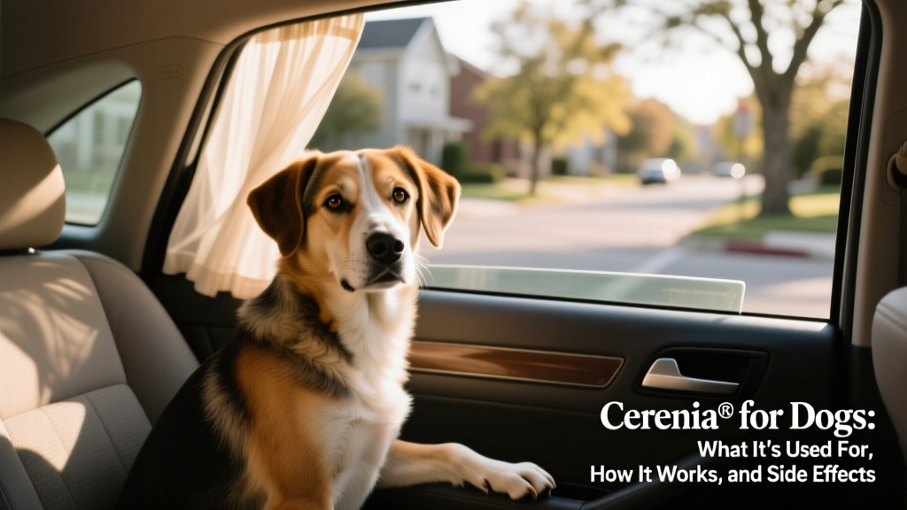 A calm dog sitting comfortably in a car with a window slightly open, looking relaxed