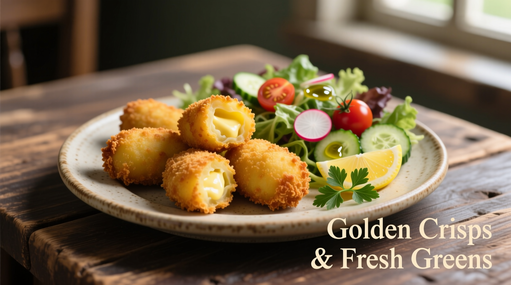 Plate of golden potato croquettes with fresh salad