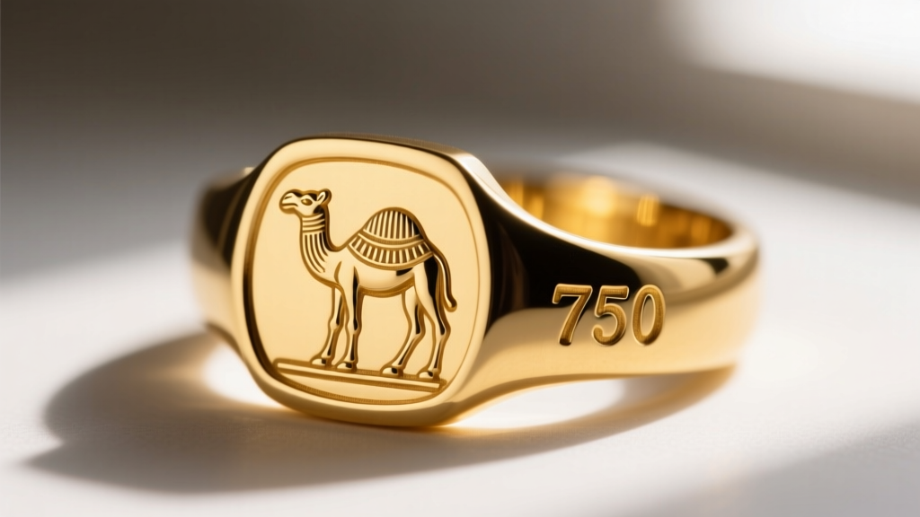Macro photography of an 18k gold Egyptian hallmark stamp showing a tiny camel and the numbers 750 on the inside of a ring band