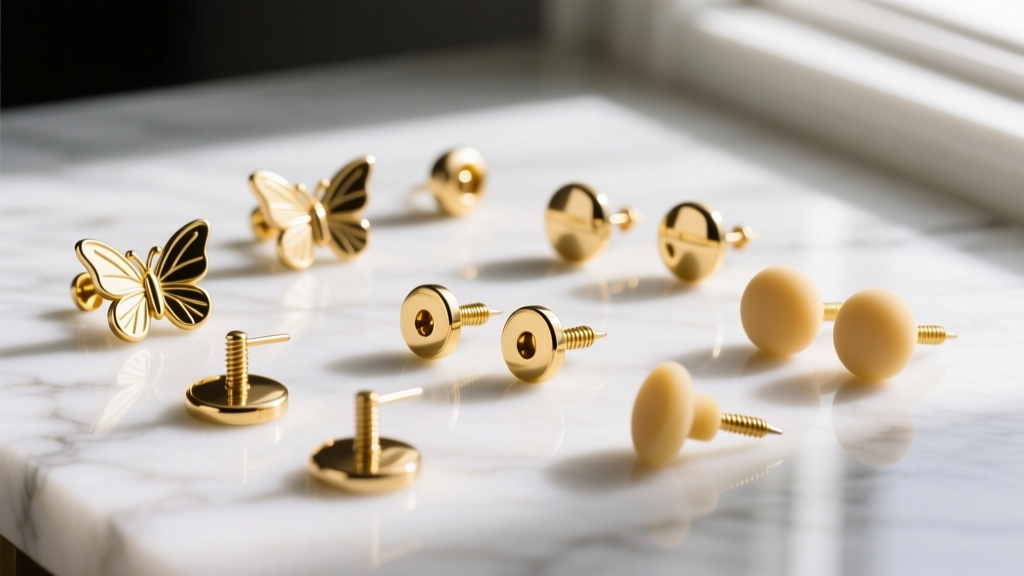 Close-up of various gold earring backs including butterfly push backs, screw backs, and silicone stoppers scattered on marble
