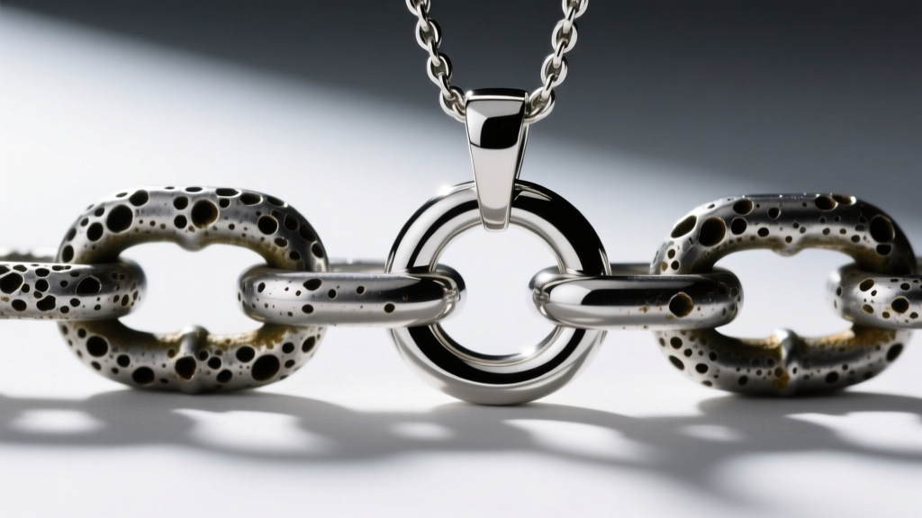 Macro photography comparing a porous pitted base-metal alloy chain link next to a flawlessly polished ASTM F136 titanium pendant