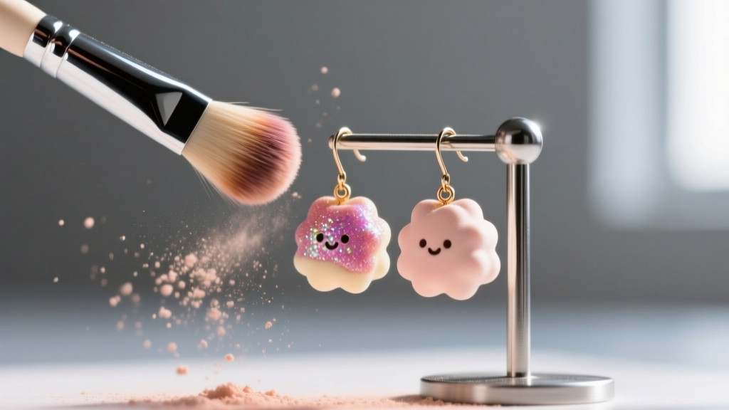 Close-up of a soft makeup brush gently dusting a polymer clay Squishmallow earring while the surgical steel post is held securely.