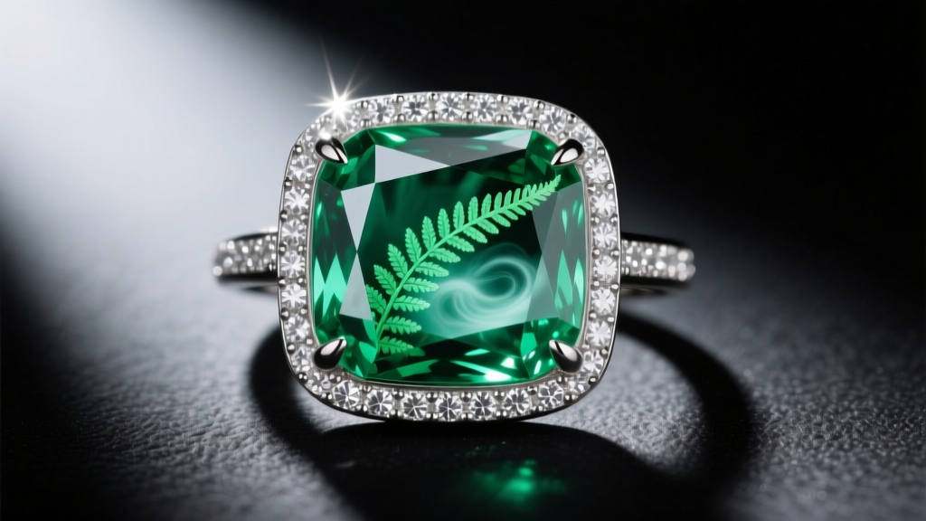 Macro shot of a pear-cut Colombian emerald showing natural jardin, set in a platinum bezel with tiny pave diamond accents.