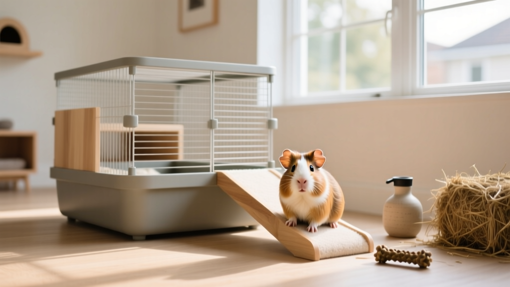 FurPetVo Guinea Habitat Plus cage with ramp, divider, and open layout showing ample floor space
