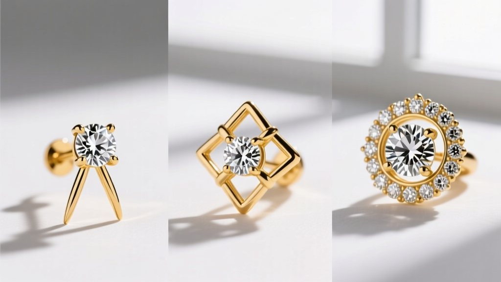 Close-up comparison of three diamond earring settings: a 3-prong martini, a 4-prong basket, and a halo crown in 18k yellow gold