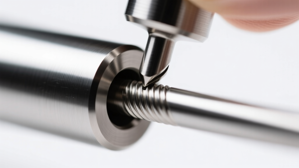Macro shot of a threadless push-pin titanium barbell end being inserted into a horizontal lobe bar earring piercing shaft.