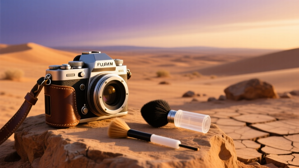 Dusty DSLR camera on desert rock at golden hour, with specialized sensor-cleaning blower and anti-static brush visible.