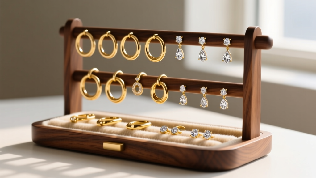 Walnut wood earring organizer lined with anti-tarnish flannel, holding 18k gold huggie hoops and diamond drops in soft focus
