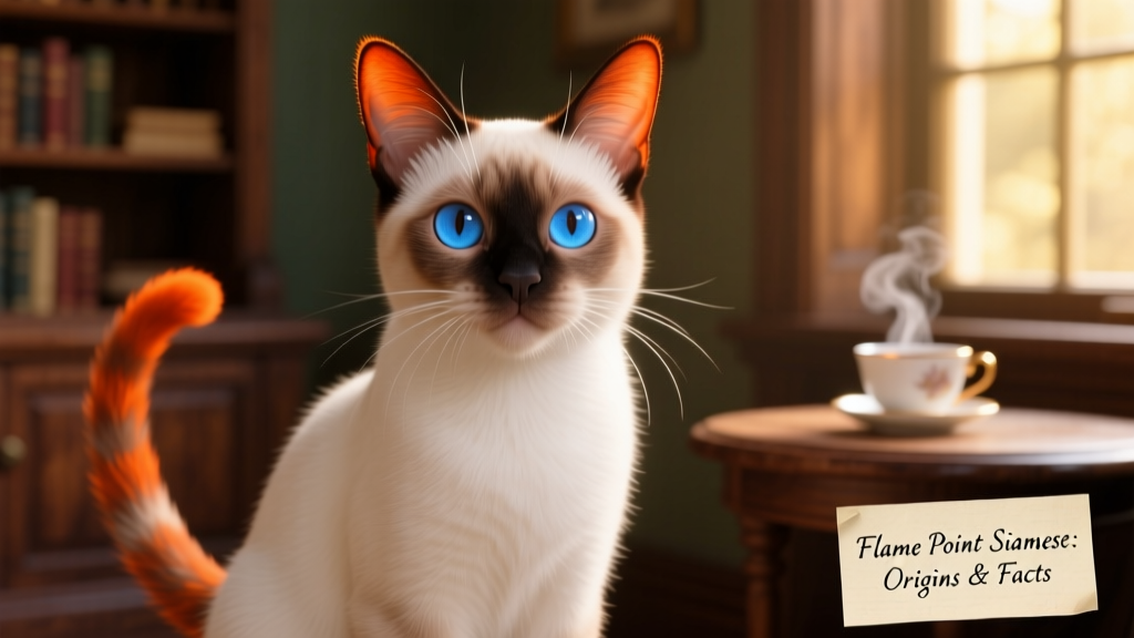 Close-up portrait of a Flame Point Siamese cat showing vivid orange points on ears, face, paws, and tail, with bright blue eyes and creamy body coat