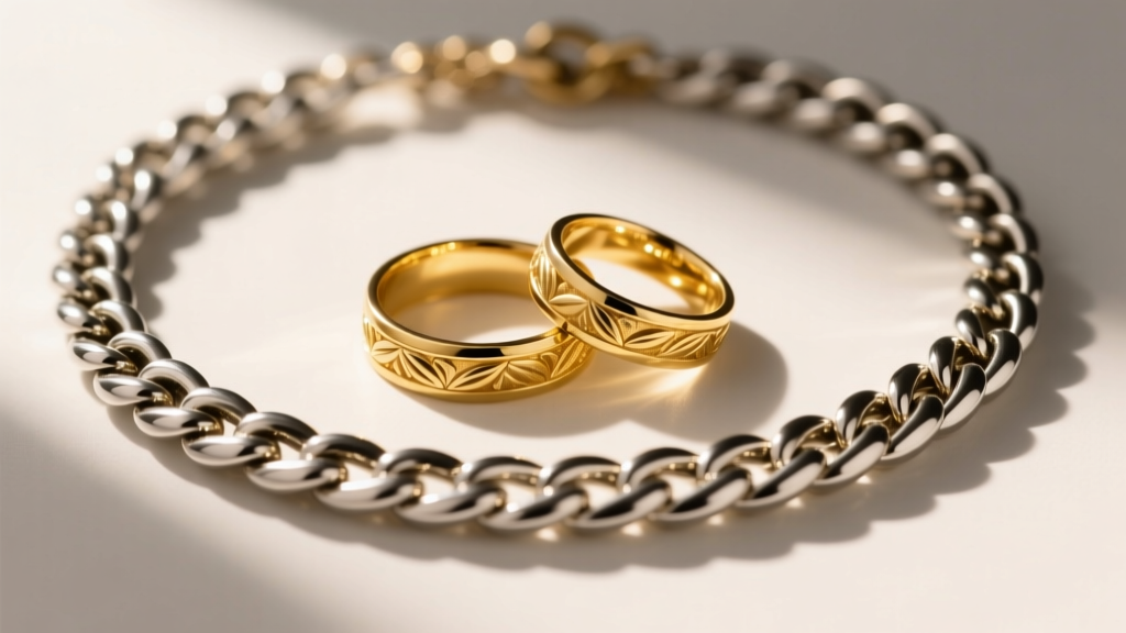 Two gold wedding bands resting on a thick stainless steel wheat chain necklace, lit by soft, warm directional studio lighting