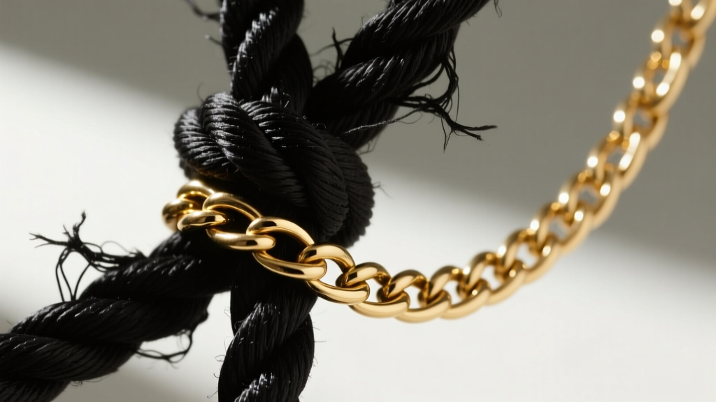 Close-up of a frayed black silk cord next to a pristine 14k gold-filled rope chain highlighting textural material differences