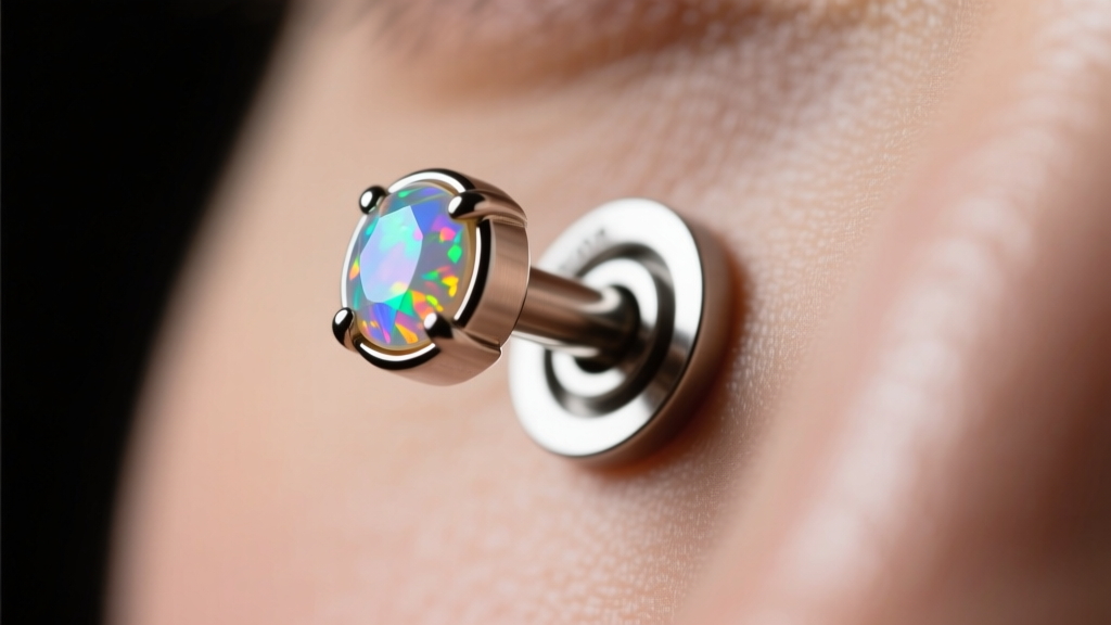 Close-up of a fresh helix piercing with an ASTM F-136 titanium flat-back labret and bezel-set opal, under soft studio lighting