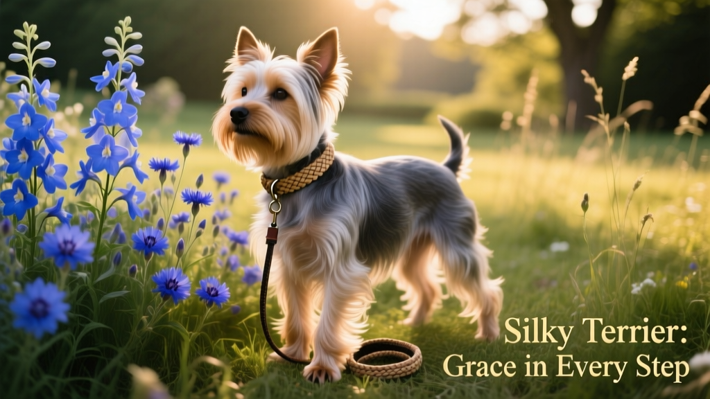 silky terrier standing in blue flowers