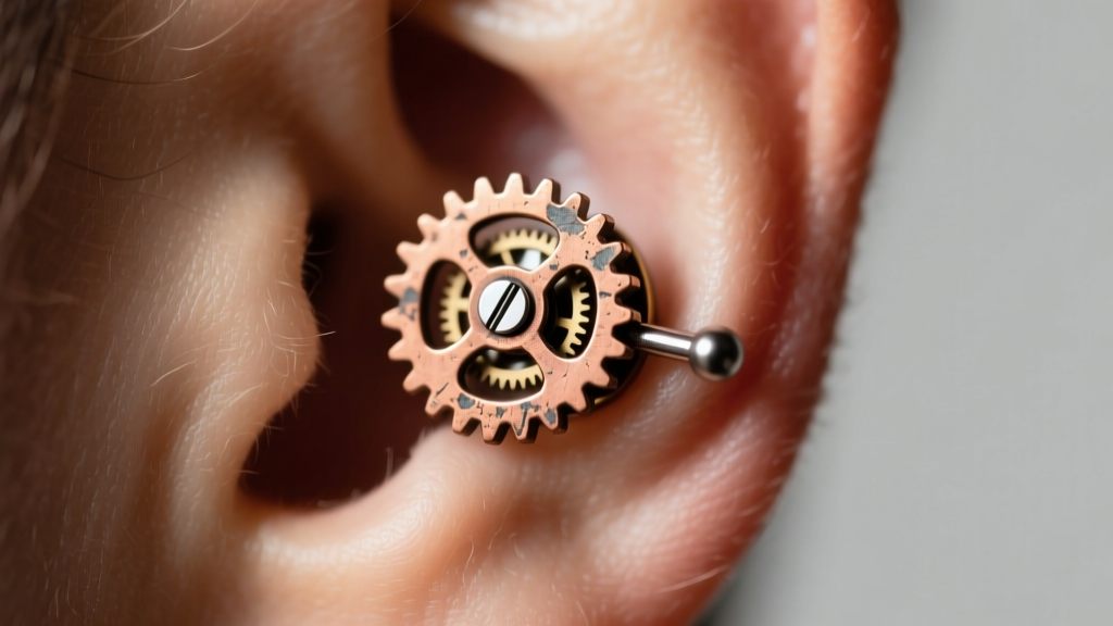 Close-up of an ear lobe wearing an 18-gauge steel steampunk stud with a rotating copper clockwork gear mechanism