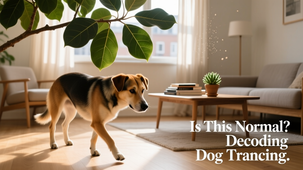 A dog moving slowly and deliberately under a low-hanging houseplant branch