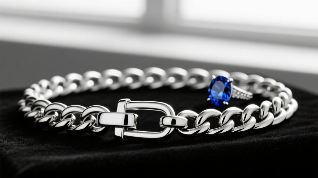 Sterling silver lobster clasp securing a thick Cuban link chain, with a faceted sapphire ring softly blurred in the background.